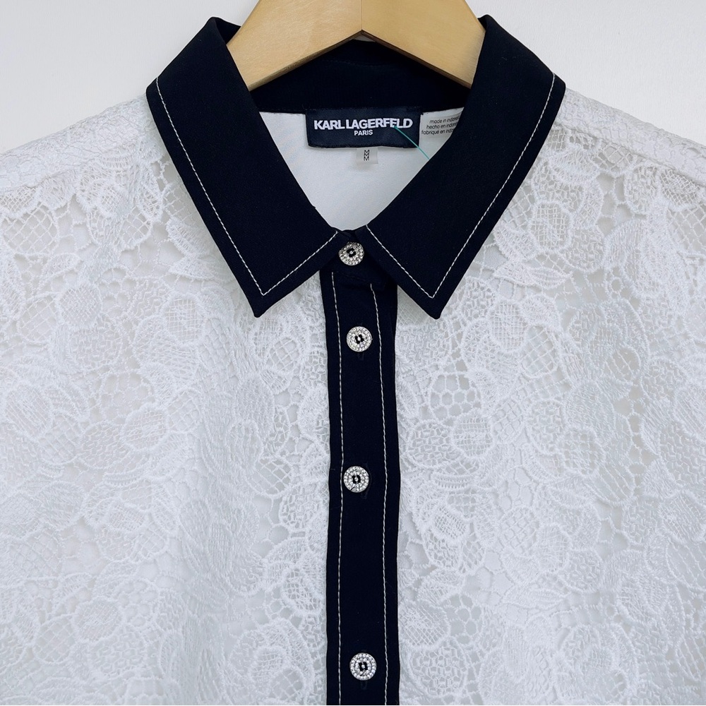 KARL LAGERFELD PARIS Lace Button-Up Blouse Contrast-Trim Point Collar - Picture 3 of 10